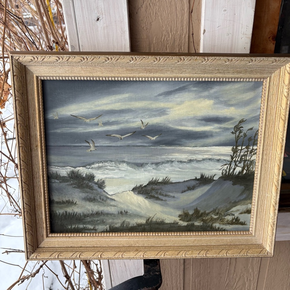 Vintage Oil Painting D.SMITH Ocean Side Shore Beach Nautical MCM ornate frame - Picture 3 of 10